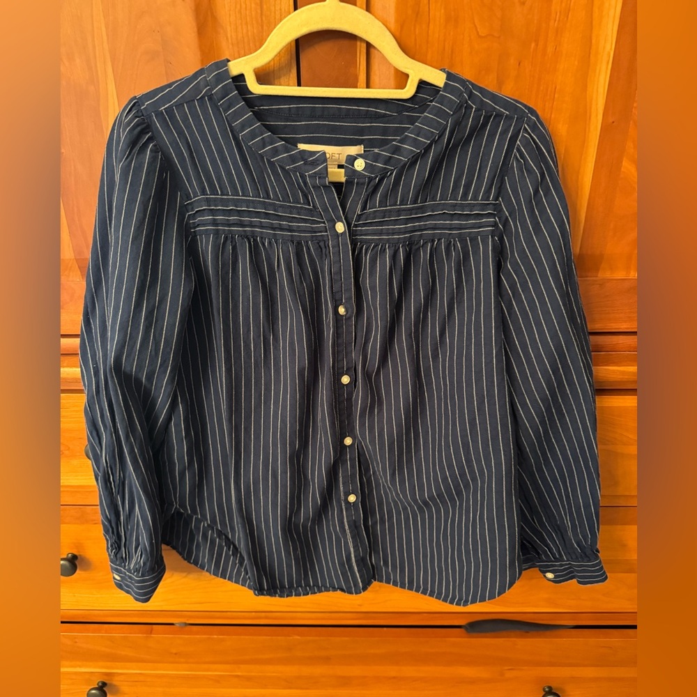 LOFT Navy Blue White Pinstripe Button Front Blouse Size Small